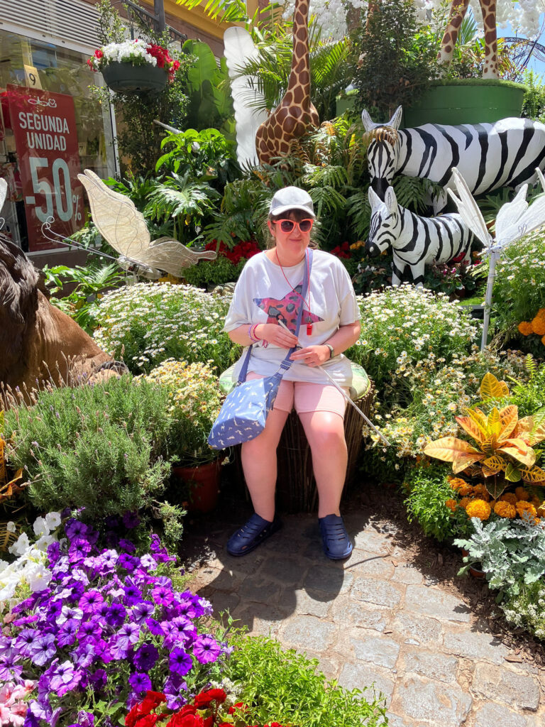 Student sat amongst colourful flowers and zebra statues
